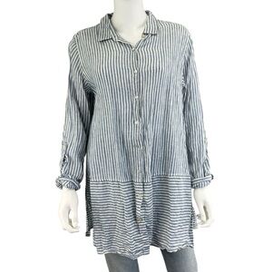 Tahari Women's Long Sleeve Button Up
Blue Striped Linen Tunic Top Size S